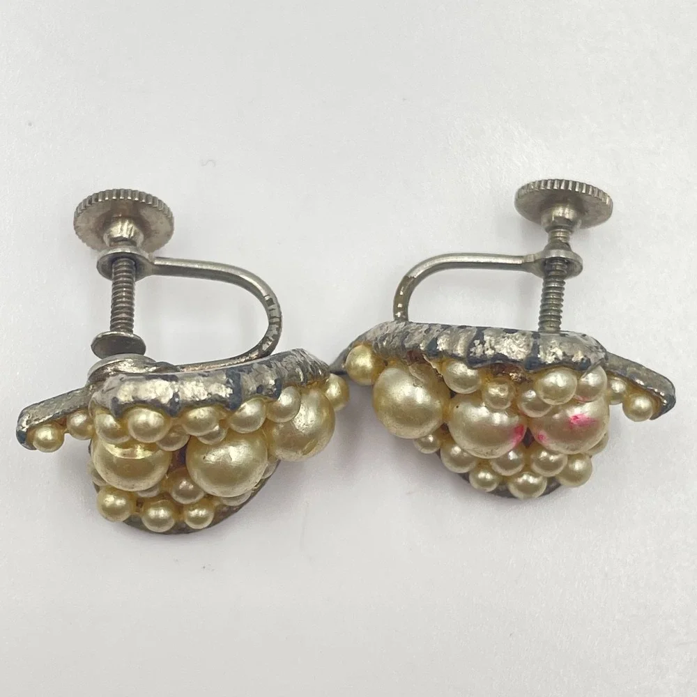 Vintage Mid-Century Faux Pearl Leaf Cluster Screw Back Earrings Silver Tone